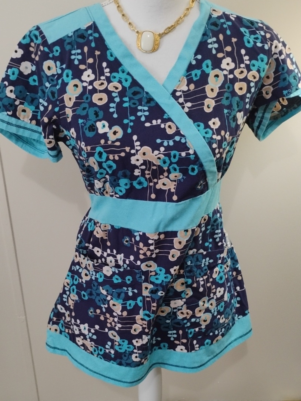 koi Navy Floral Wrap Tunic with Aqua Trim